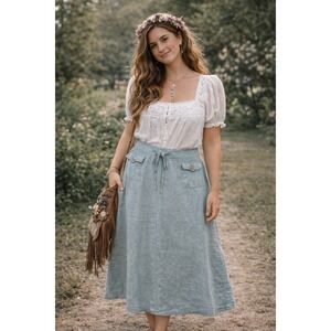 Cottagecore Bohor Cherokee Linen Light Icy Blue A-Line 18 Midi Skirt Lagenlook